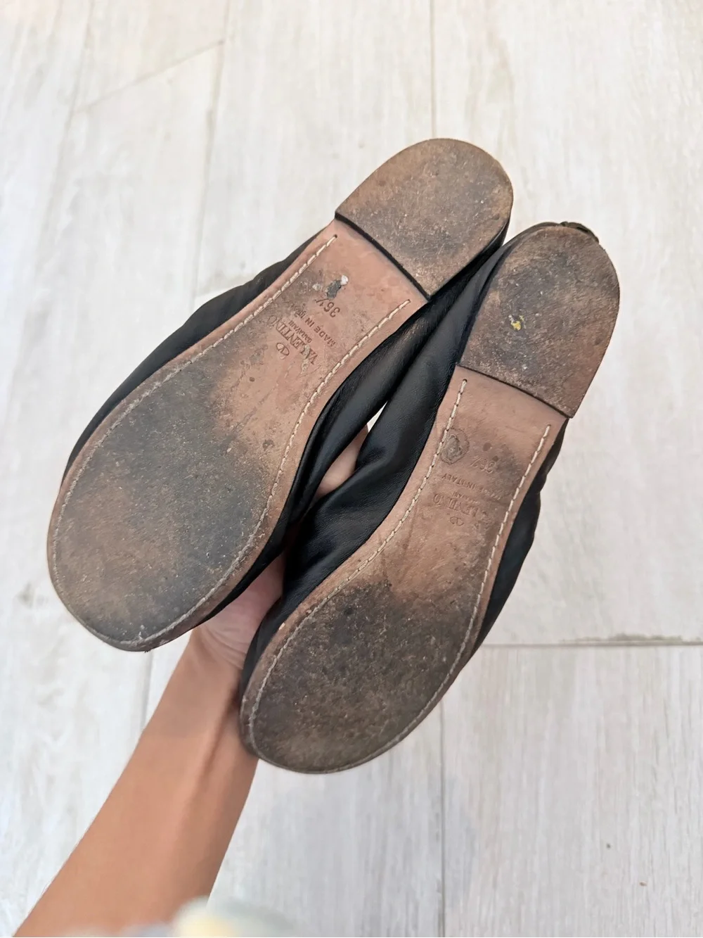 Valentino Black Ballet Flats with Beige Trim and Pyramid Stud Strap